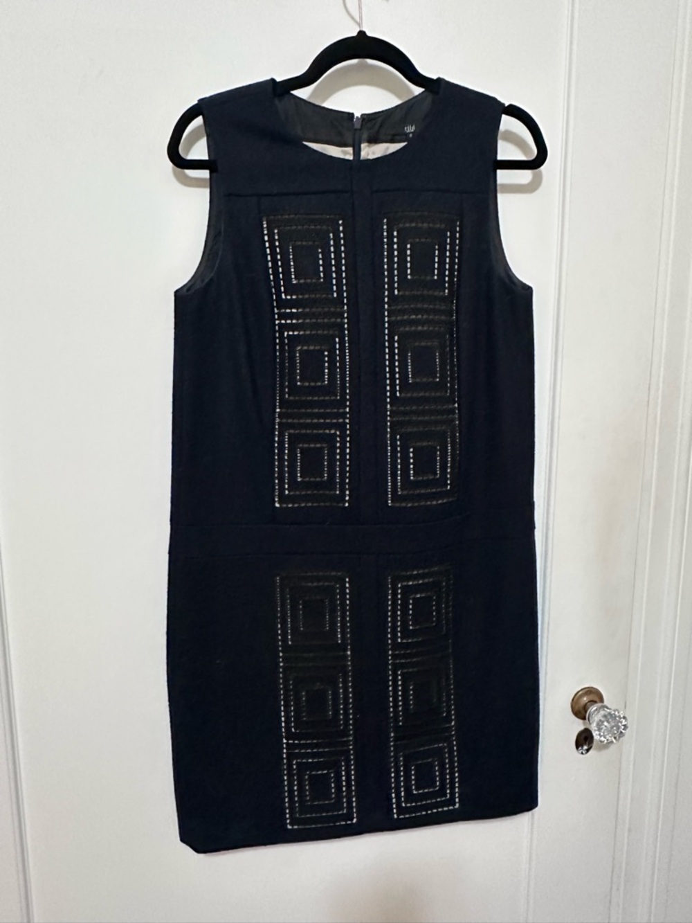 Tibi black/beige wool-blend sheath dress w/ square peekaboo cutouts -6